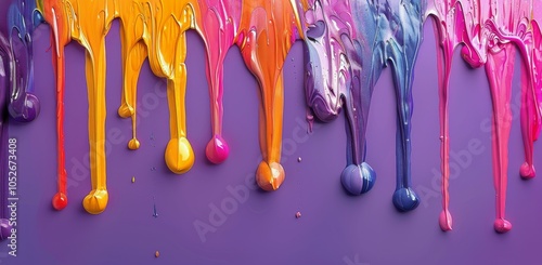 Colorful Paint Drips on Purple Surface