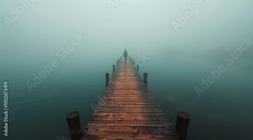 Solitary Figure Walking on a Foggy Wooden Dock