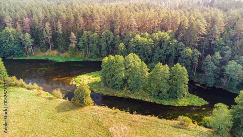 Merkys island of the Lithuanian river, in a wooded environment from above. photo