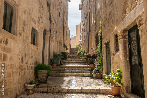 Fototapeta Naklejka Na Ścianę i Meble -  Narrow street in the old medieval town of mediterranean country full of green flowers