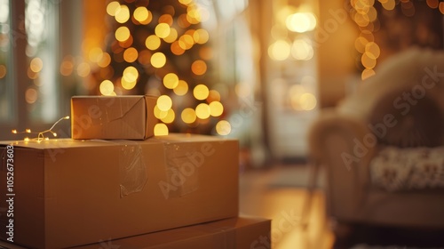 Blurred view of cozy living room filled with moving boxes during holiday season