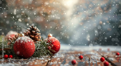 Red Ornaments With Snow And Pine