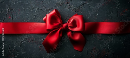 Red Satin Ribbon Bow on Black Textured Surface