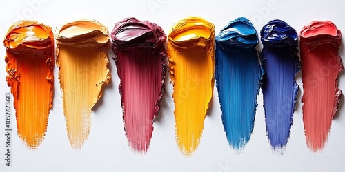 Bright palette of oil paints with texture swabs paint on white background photo