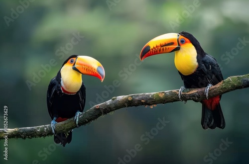 Two Toucans Perched on a Branch in a Rainforest