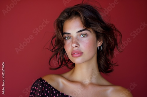 Woman With Brown Hair and Green Eyes Posing Against a Red Wall