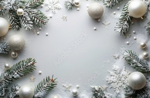 White Christmas Ornaments and Snowflakes on Grey Background