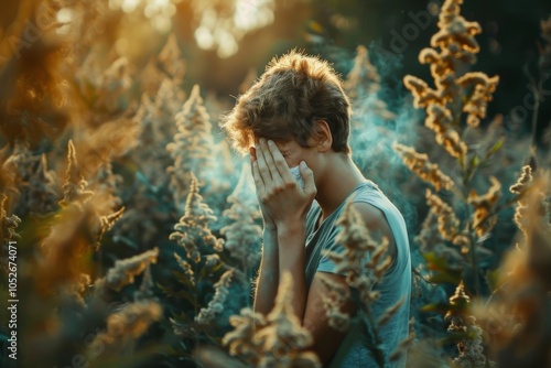 Young man sneezes because of an allergy to ragweed photo