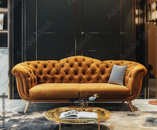 Modern Brown Velvet Sofa in a Luxury Living Room With Gold Accents