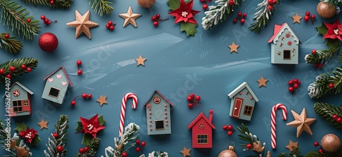 Christmas Decorations With Paper Houses and Evergreen Branches