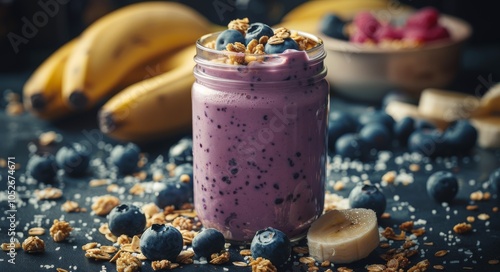 Close Up Of A Glass Jar Filled With A Purple Smoothie Topped With Fresh Blueb...