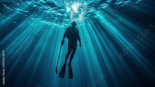 Diver exploring underwater light rays in a serene ocean environment