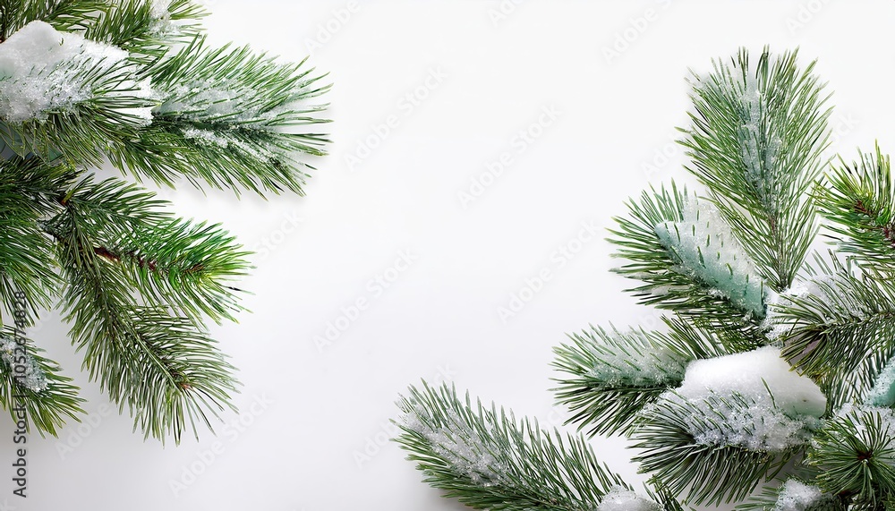 Obraz premium christmas tree pine leaves covered with snow on white background abstract greeting cards, banners, merry christmas, happy winter, new year eve , new year celebrations