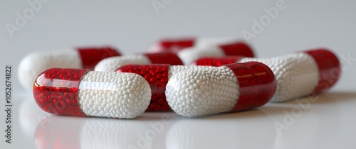 Closeup of Red and White Capsules on a White Surface