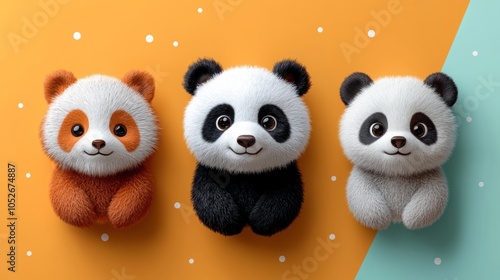 Three Adorable Panda Bears with Different Fur Colors