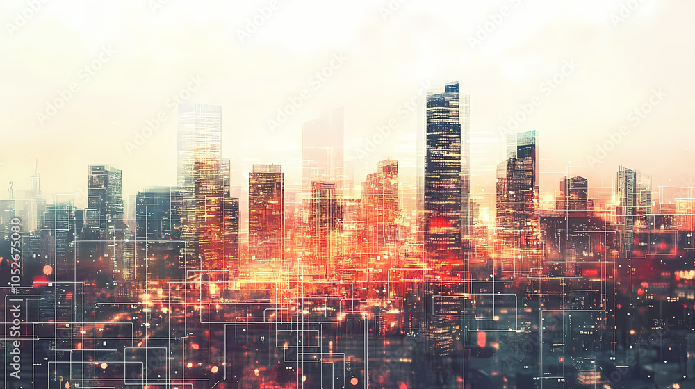 Fototapeta premium Digital cityscape: networked urban future. Virtual Cityscape. Illustration