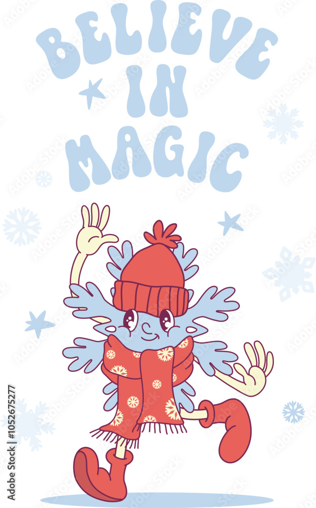 Naklejka premium Whimsical snowflake retro groovy winter character