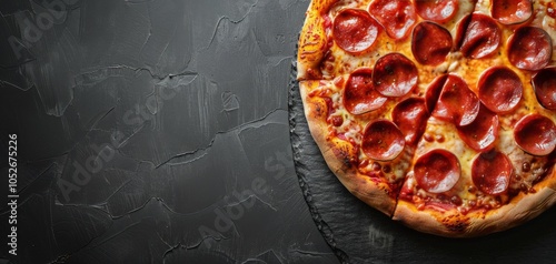 Pepperoni Pizza on Black Slate Background