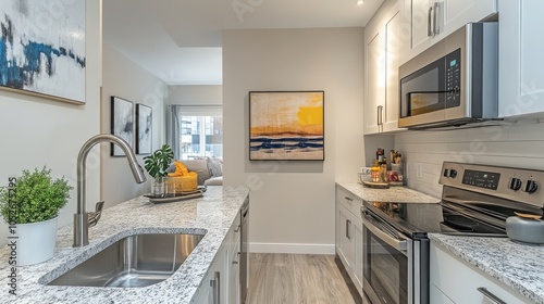 Modern kitchen with fresh herbs and vegetables displayed on a wooden countertop