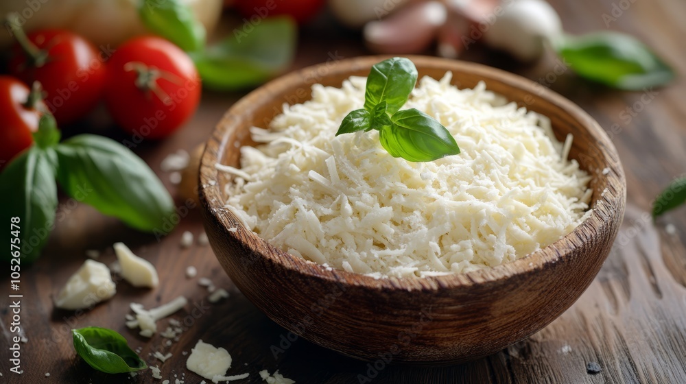 Freshly Grated Parmesan Cheese in Wooden Bowl with Basil and Cherry Tomatoes Freshly Grated Parmesan Cheese in Wooden Bowl with Basil and Cherry Tomatoes