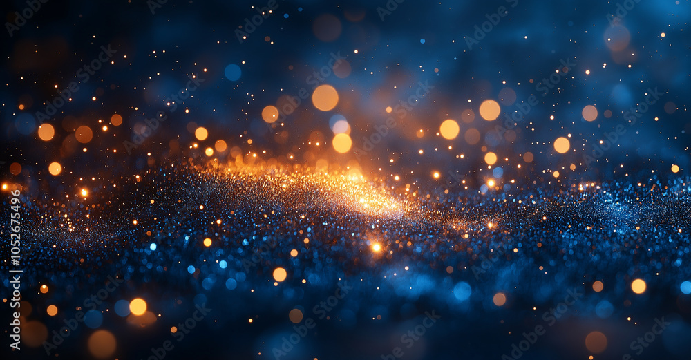 Fototapeta premium Abstract Background with Dark Blue and Gold Particles: Christmas Golden Light Shine Bokeh on Navy Blue Background with Gold Foil Texture for Holiday Concepts