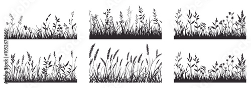 Meadow grass and little flowers silhouette horizontal borders set. Nature botanical plant design element. Grassy uncultivated wild field. Black and white simple flat style. Isolated vector on white