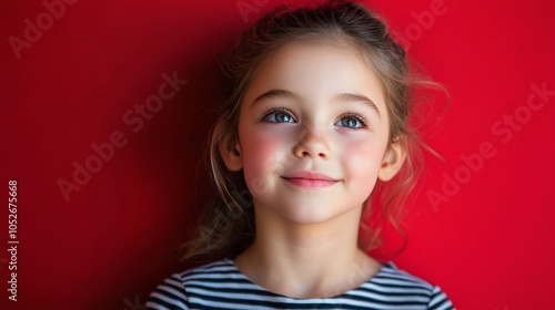 Young girl with long hair stands against a vibrant red wall during daylight