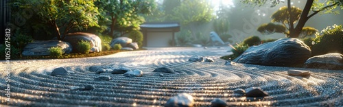 Serene Japanese Garden With Sand And Stones In Morning Light