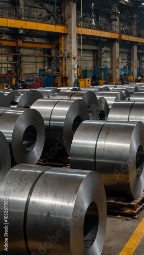 Cold rolled steel coils in a storage area of a steel plant.