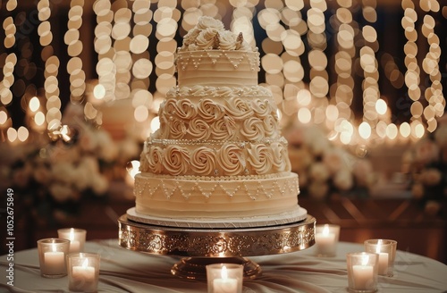 Elegant White Wedding Cake With Pearl and Flower Decorations at Evening Reception photo