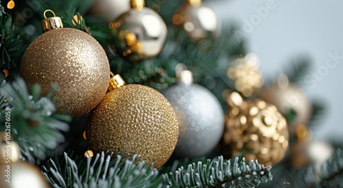 Close Up of Gold and Silver Ornaments Hanging on a Christmas Tree