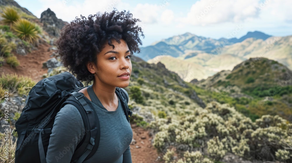 Naklejka premium Black Woman Hiking In Mountain Landscape, Bacpacking and Trekking Activity