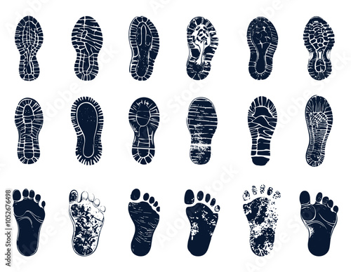 Monochrome shoe and barefoot prints set. Flat grungy human footprint sport boot sole step trace walking track. Footpath design element for your projects. Black silhouette style isolated vector clipart