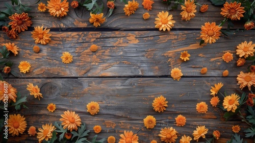 Orange Flowers and Petals Scattered on Brown Wooden Plank Background