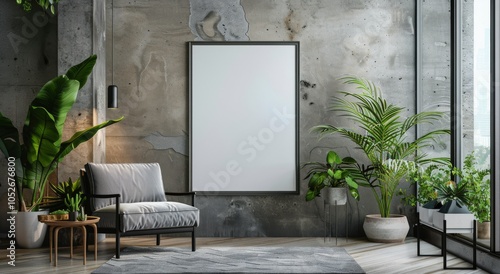Modern Living Room With Grey Chair and Large Window View