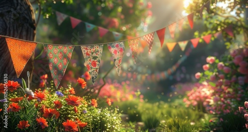 Festive Floral Bunting Decorates Summer Garden at Sunset