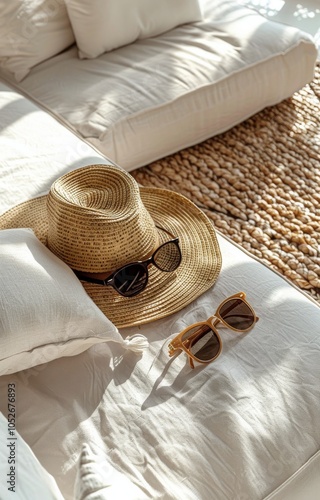 Straw Hat and Sunglasses Resting on White Couch in the Summer Sun