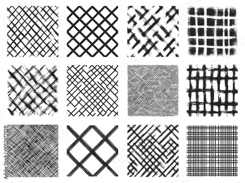 Monochrome crosshatch square pattern set. Geometric shape strokes simple doodle sketch scribble scratch checked elements. chequered swatch. Black and white simple flat style. Isolated vector on white