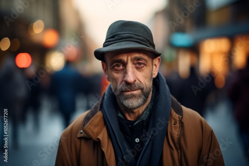 Portrait of a senior man with a gray beard and a hat on a city street.