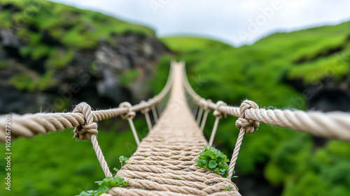 A winding rope bridge connects lush green hills over a deep chasm photo