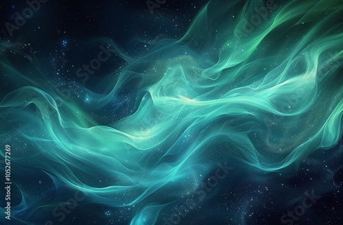 Abstract Green Waves and White Stars in a Dark Night Sky