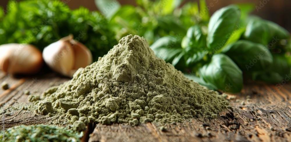 Fototapeta premium Green Powdered Herbs and Garlic on Wooden Surface