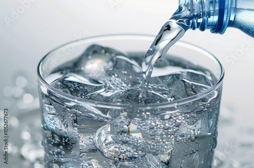 Pouring Sparkling Water Into Glass With Ice Cubes