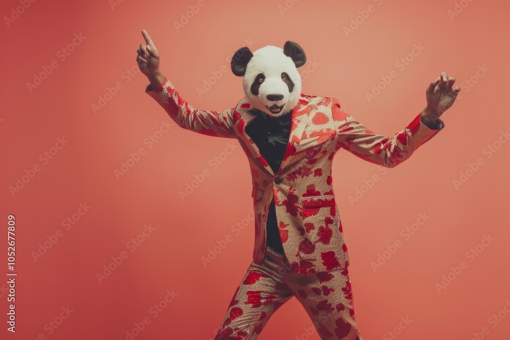Freak in panda mask dancing, masquerade, absurd carnival, having fun in costume party, weird mask head Freak in panda mask dancing, masquerade, absurd carnival, having fun in costume party, weird mask head