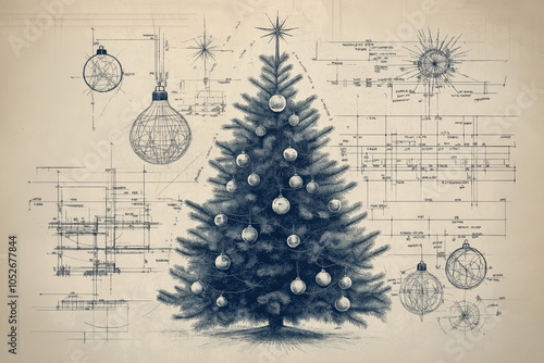 Christmas Tree Blueprint in an Antique Style with Sepia Toned Background - Showcasing Intricate Ornaments, Structural Design, and Wireframe Details for a Nostalgic Holiday Look