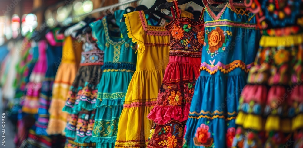 Fototapeta premium Colorful Embroidered Dresses Hanging On A Wooden Railing