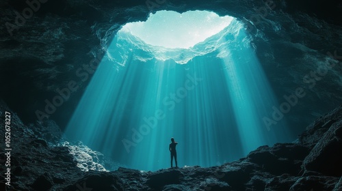 Person standing in a cave watching the northern lights at night in a serene l...