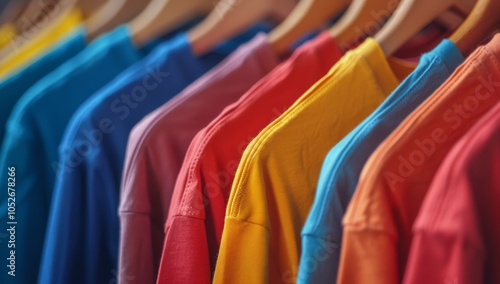 Yellow T-Shirt Hanging on a Rack With Other Colored Shirts in a Store