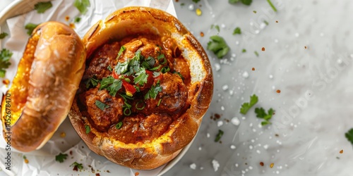 Bunny Chow on a white quartz background, South African street food, Hollowed bread filled with curry, Modern presentation with vibrant colors photo