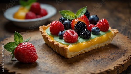 Colorful fruit tart with mint